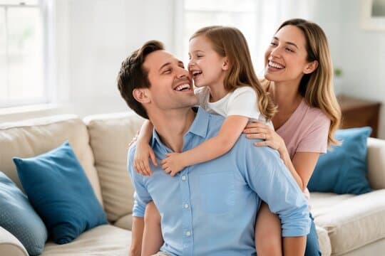 Family laughing together on a sofa